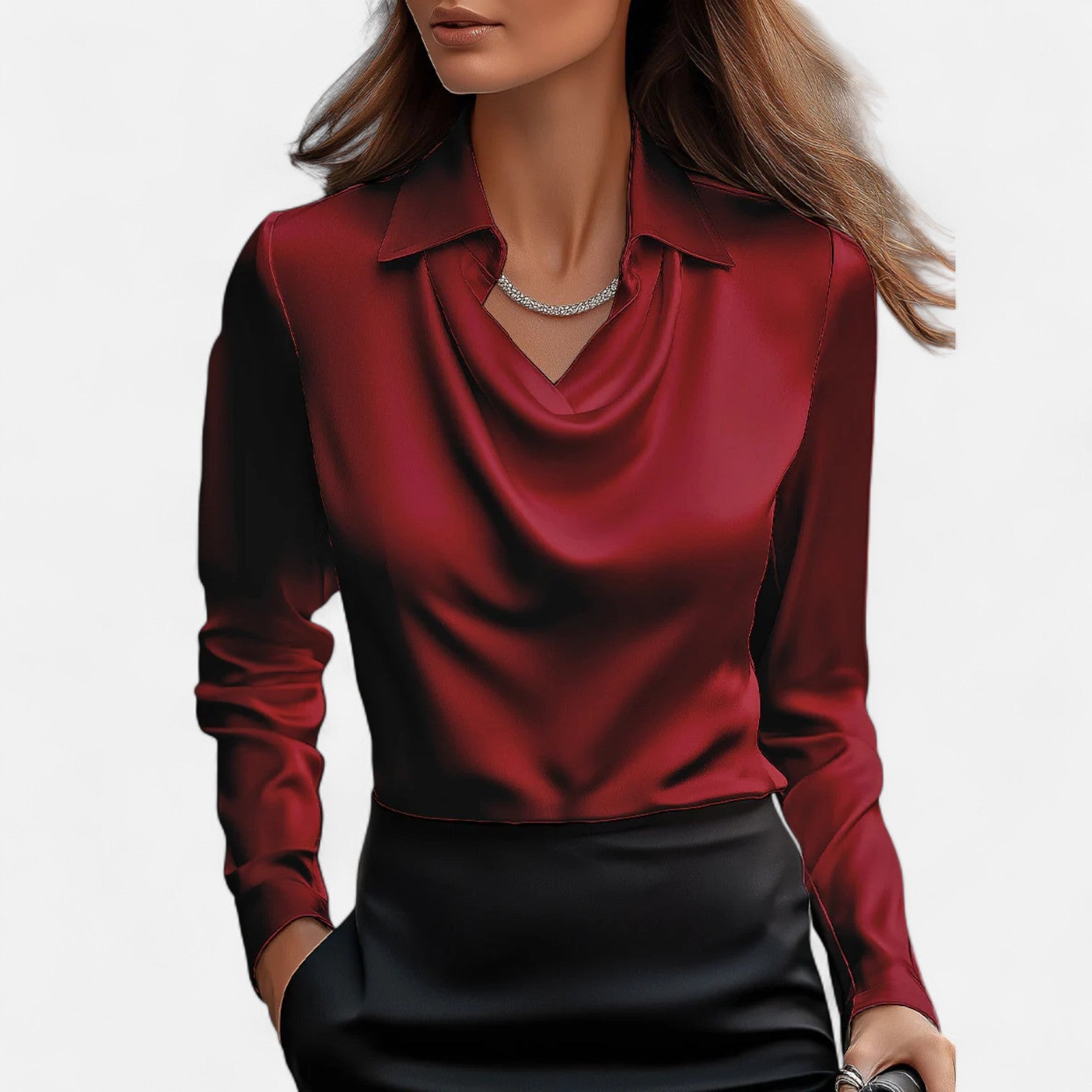 Lormonte | Women's White Satin Blouse – Draped Neckline, Timeless Elegance
