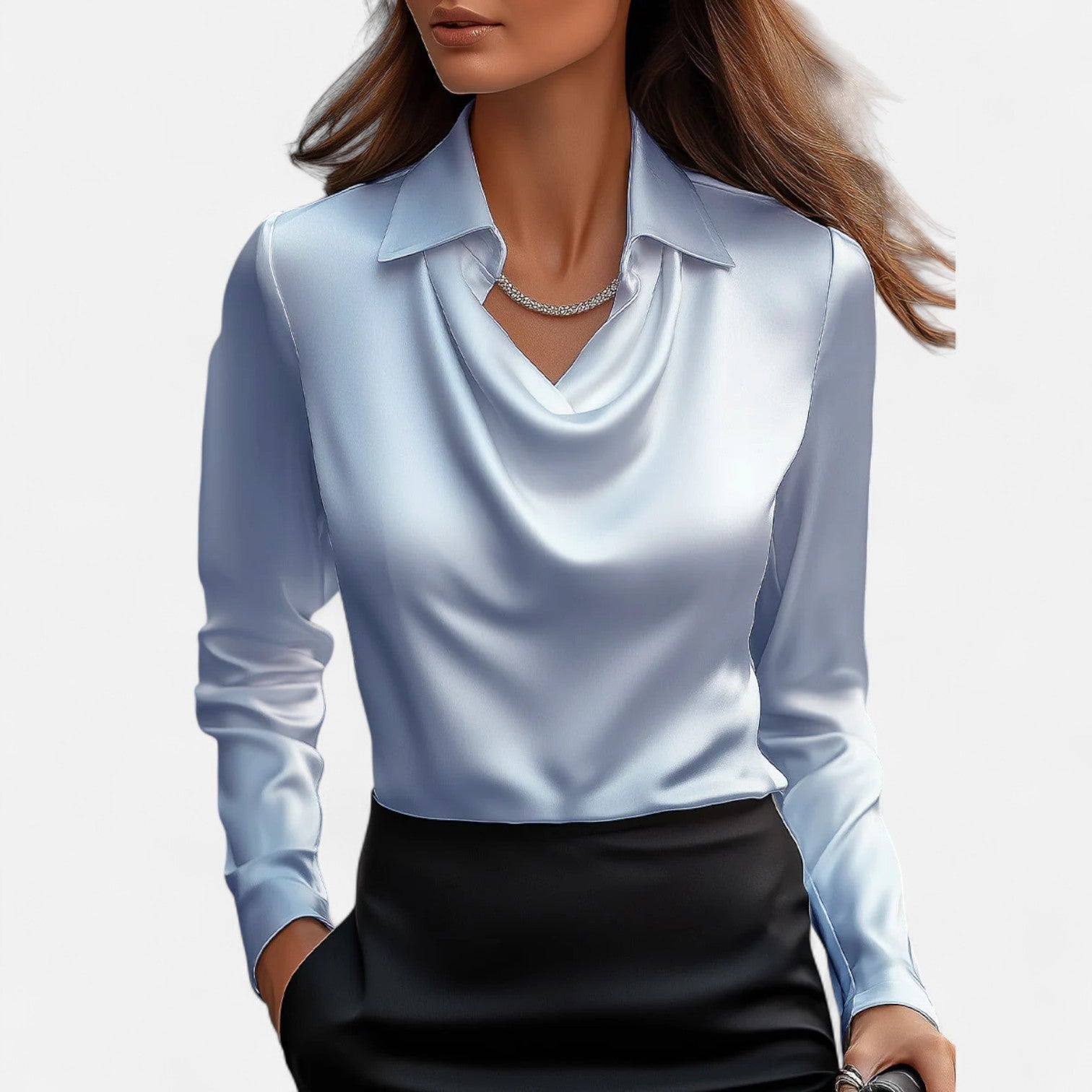 Lormonte | Women's White Satin Blouse – Draped Neckline, Timeless Elegance
