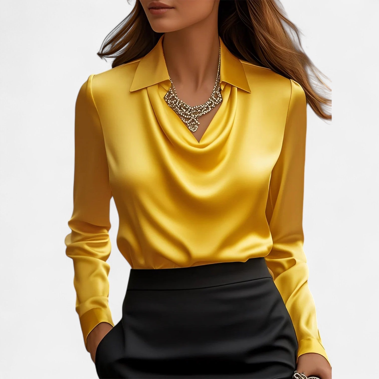 Lormonte | Women's White Satin Blouse – Draped Neckline, Timeless Elegance