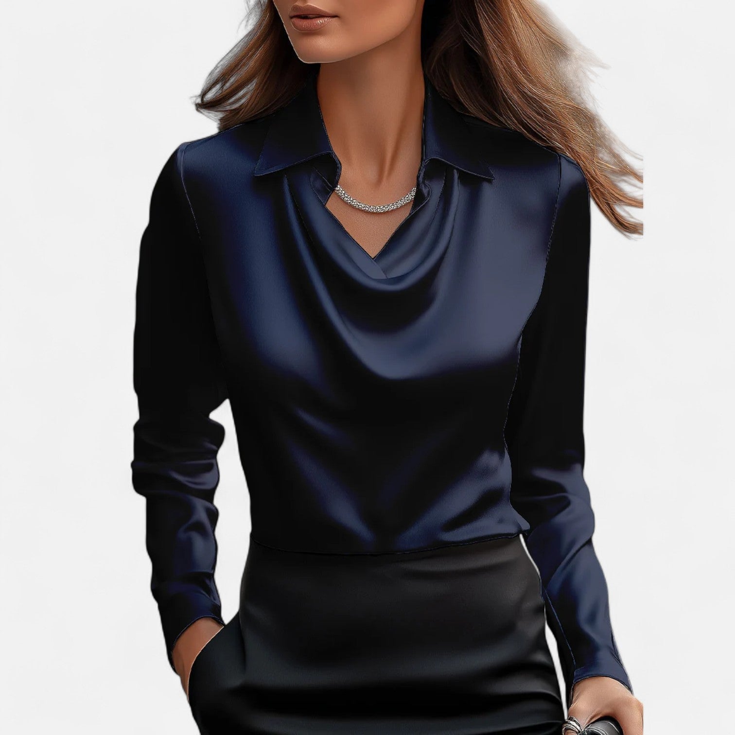 Lormonte | Women's White Satin Blouse – Draped Neckline, Timeless Elegance