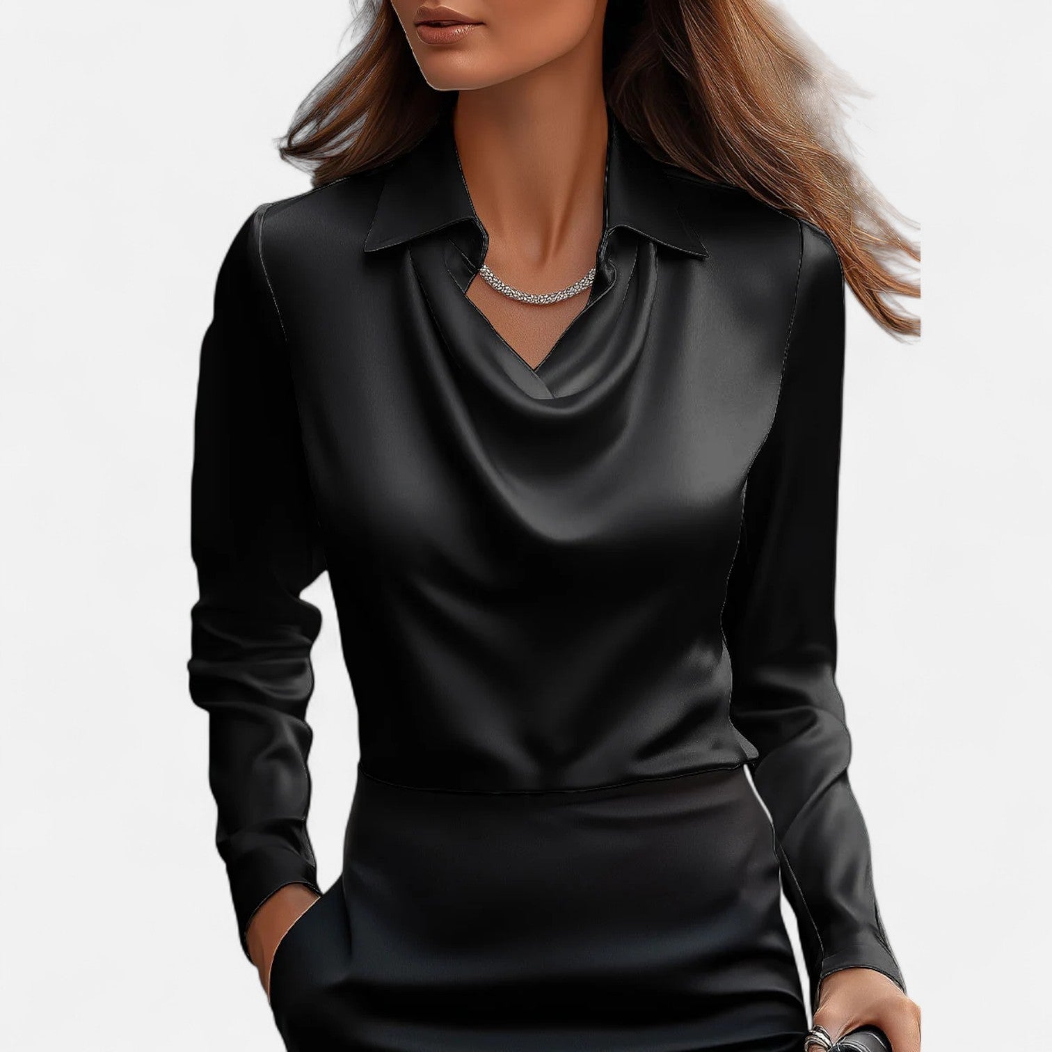 Lormonte | Women's White Satin Blouse – Draped Neckline, Timeless Elegance
