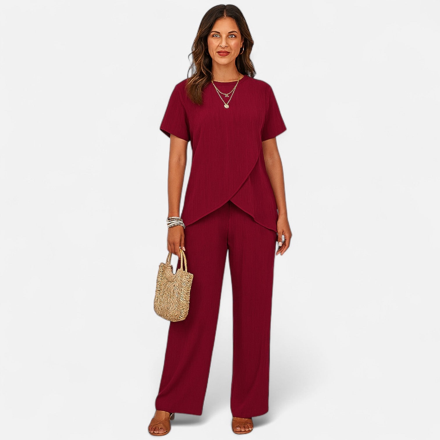 Lormonte | Women’s Asymmetrical Two-Piece Set – Textured Elegance with Wide-Leg Trousers & Sculpted Top