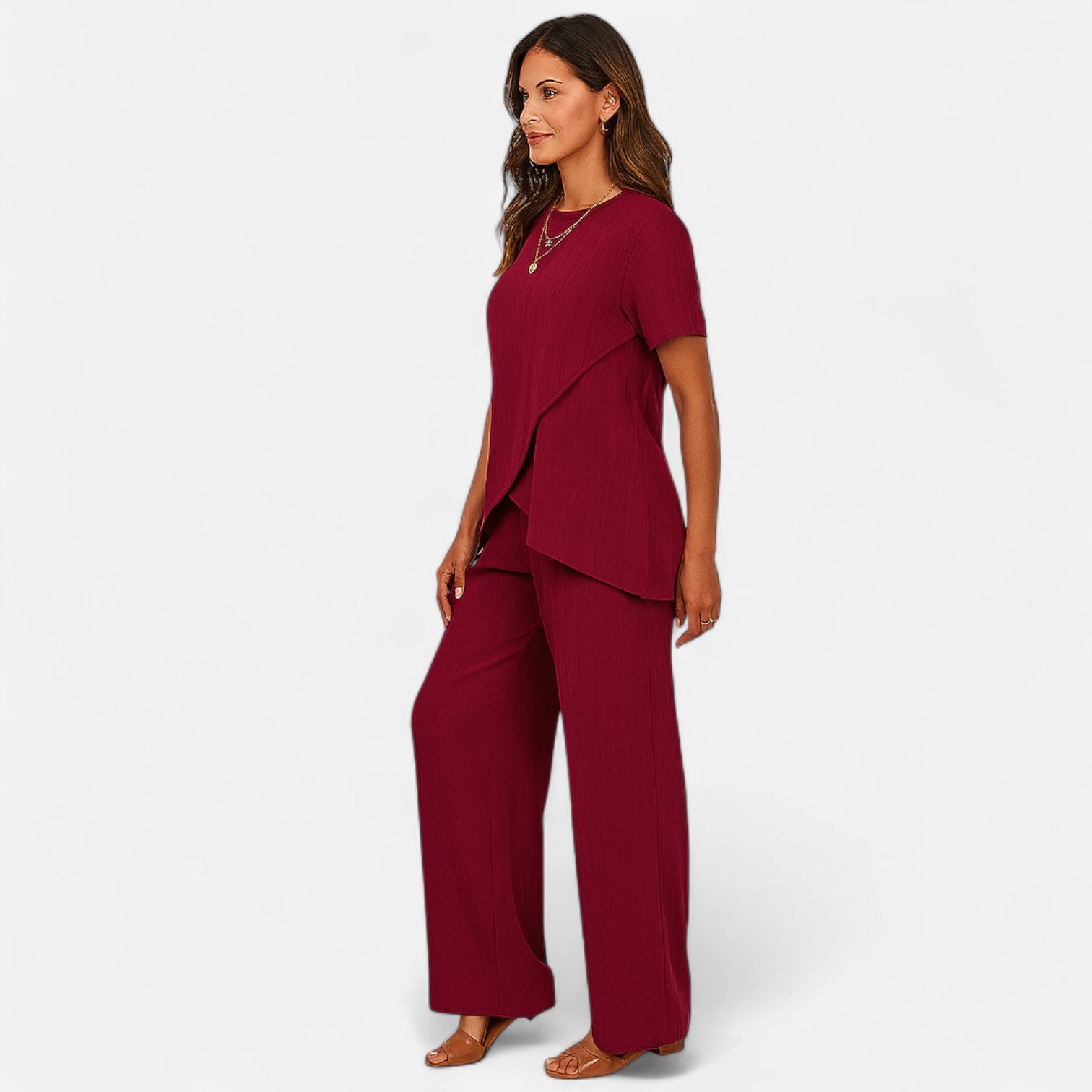 Lormonte | Women’s Asymmetrical Two-Piece Set – Textured Elegance with Wide-Leg Trousers & Sculpted Top