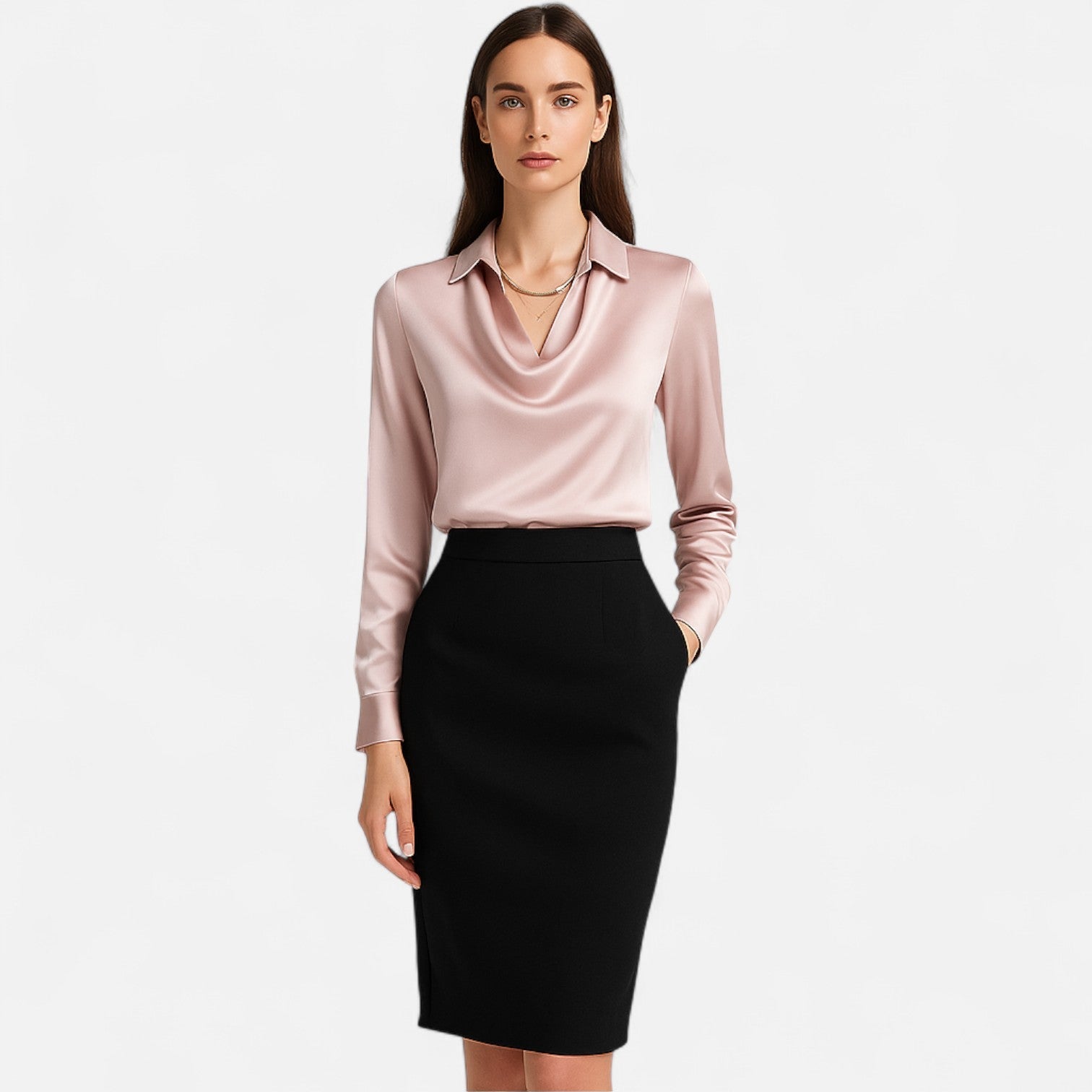 Lormonte | Women's White Satin Blouse – Draped Neckline, Timeless Elegance