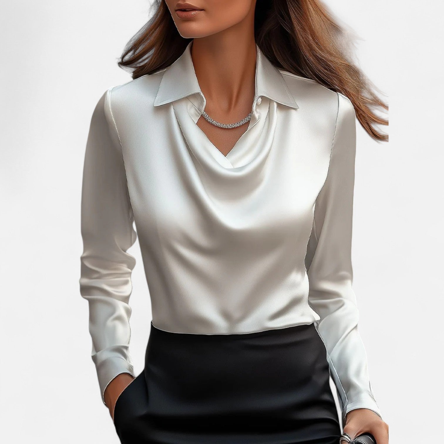 Lormonte | Women's White Satin Blouse – Draped Neckline, Timeless Elegance