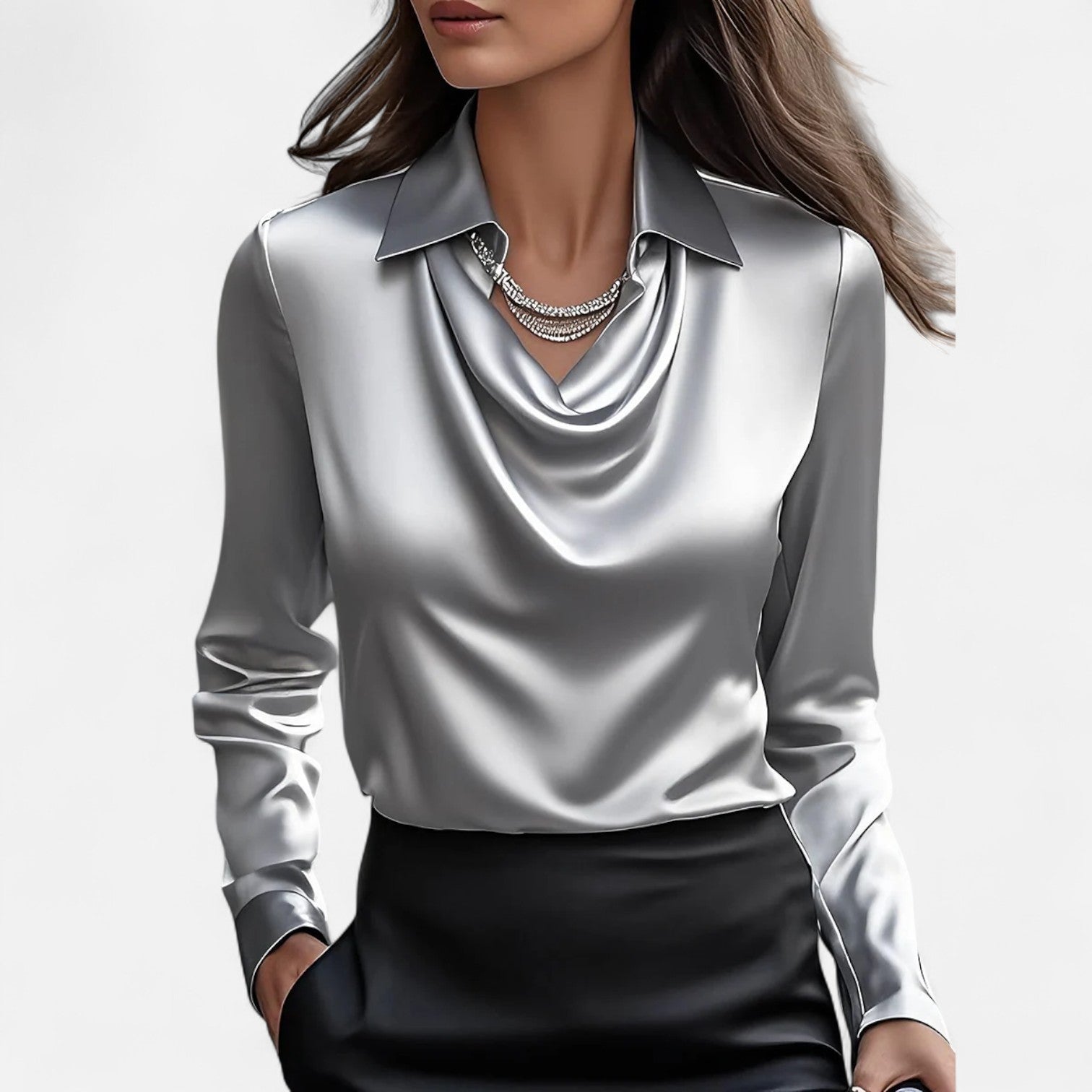 Lormonte | Women's White Satin Blouse – Draped Neckline, Timeless Elegance