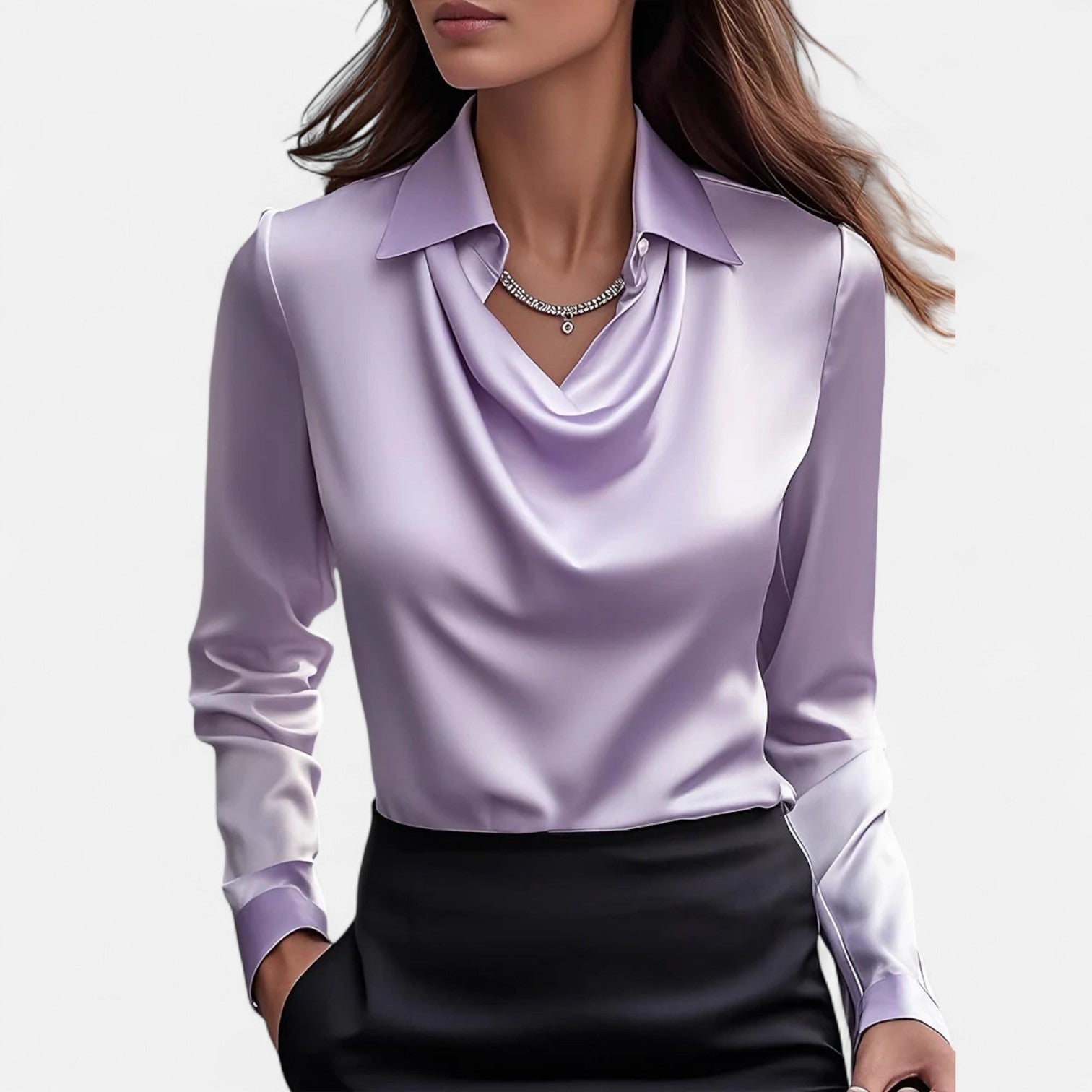 Lormonte | Women's White Satin Blouse – Draped Neckline, Timeless Elegance