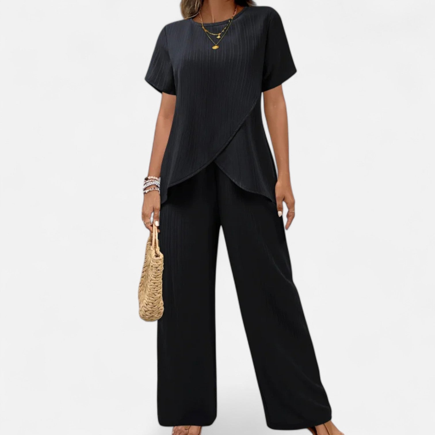 Lormonte | Women’s Asymmetrical Two-Piece Set – Textured Elegance with Wide-Leg Trousers & Sculpted Top