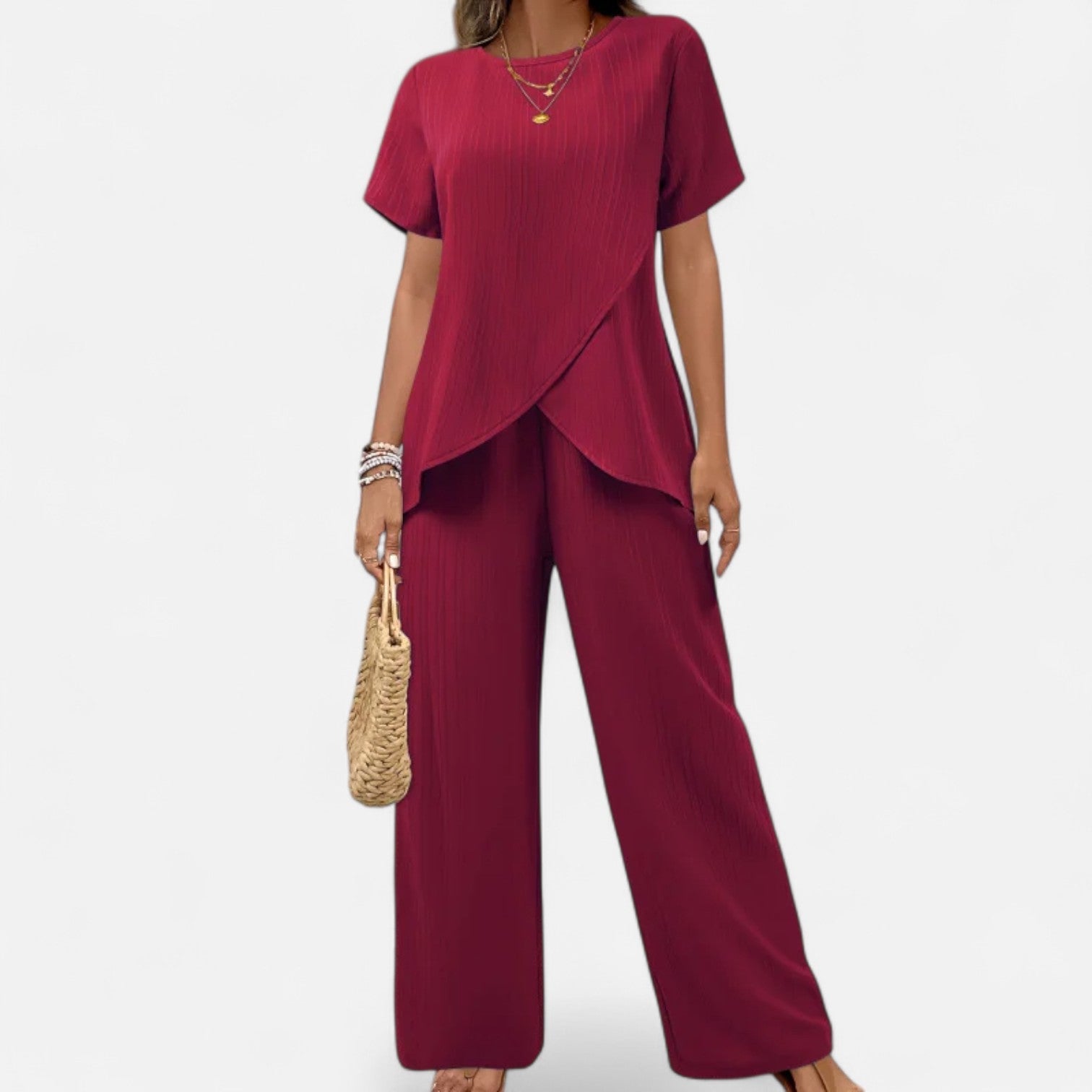 Lormonte | Women’s Asymmetrical Two-Piece Set – Textured Elegance with Wide-Leg Trousers & Sculpted Top