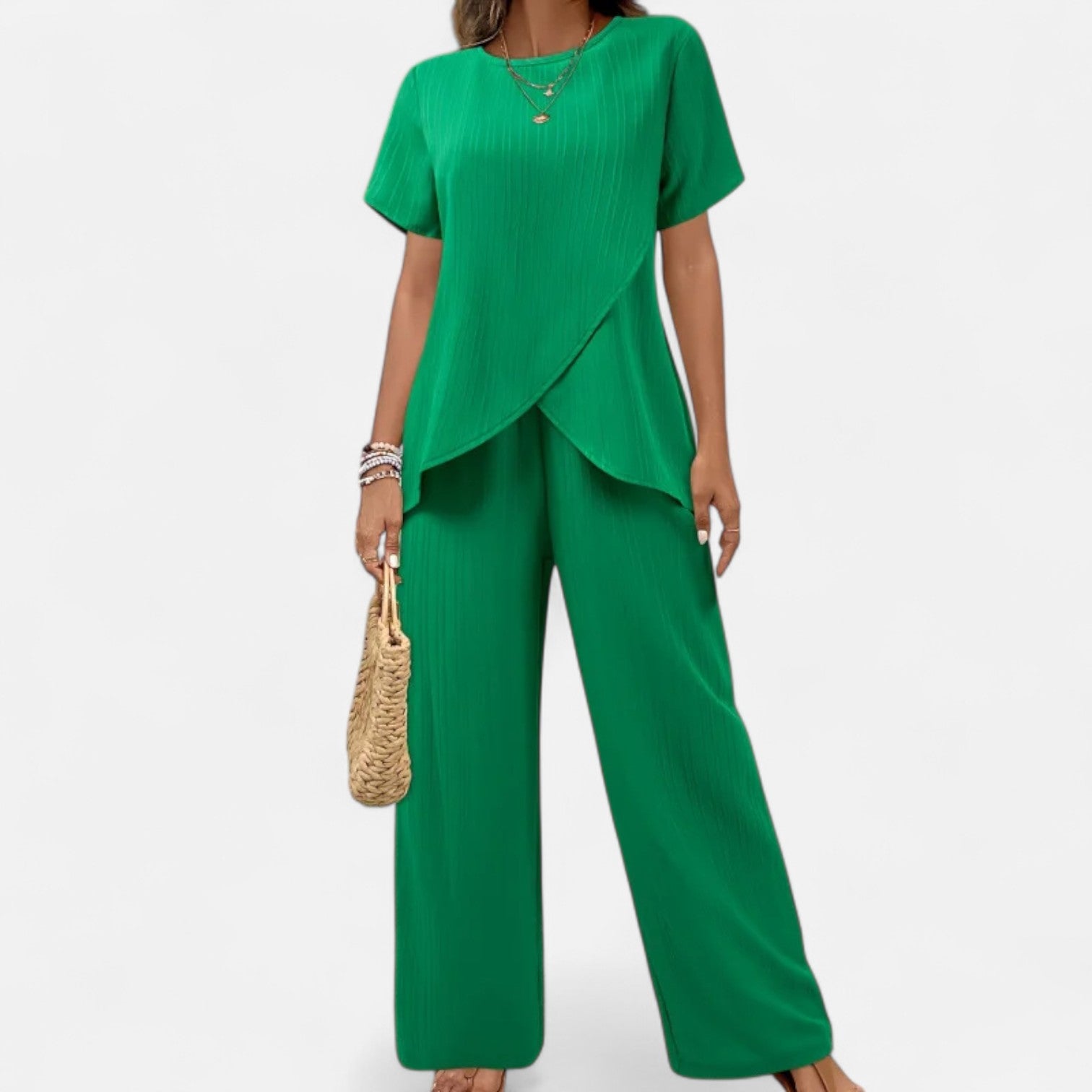 Lormonte | Women’s Asymmetrical Two-Piece Set – Textured Elegance with Wide-Leg Trousers & Sculpted Top