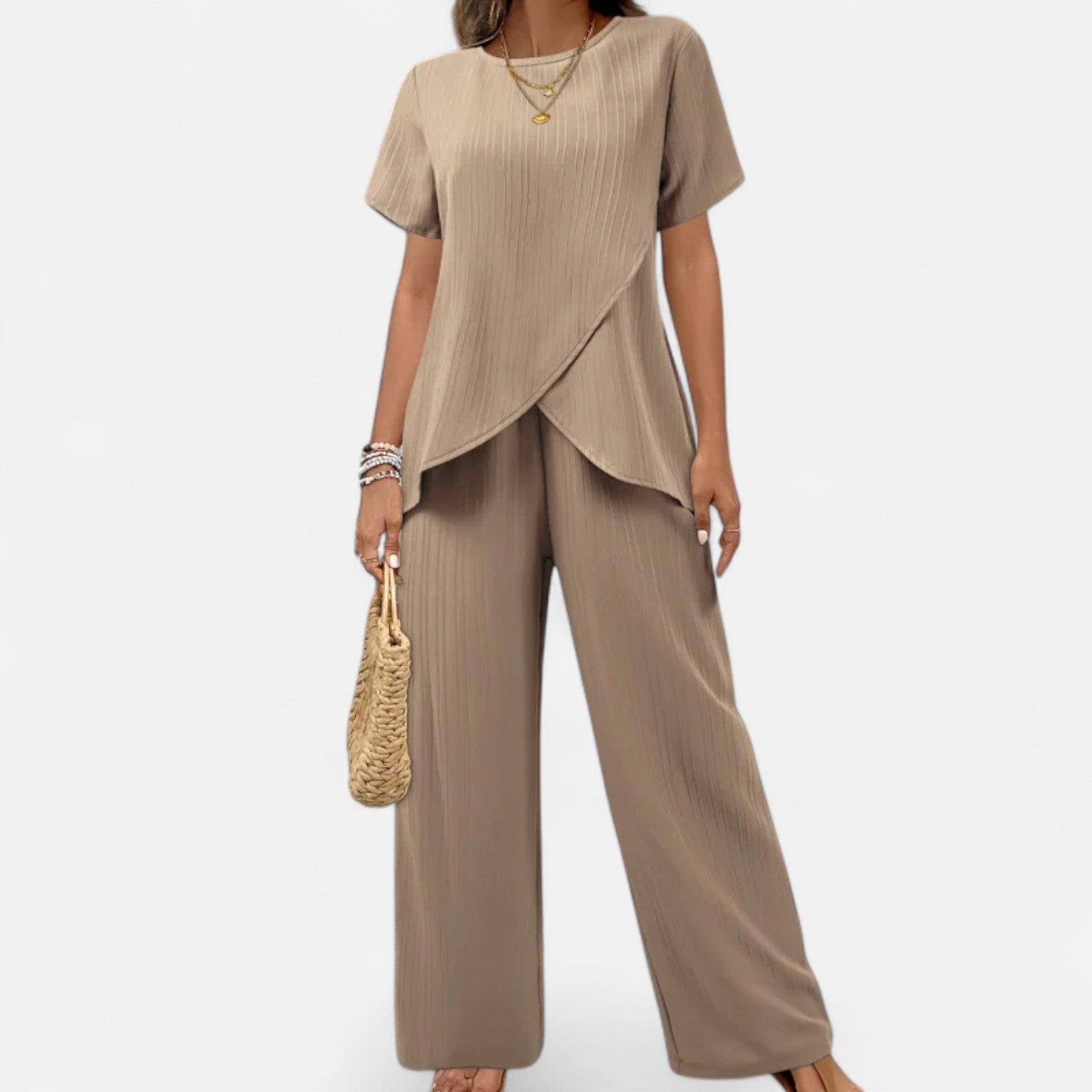 Lormonte | Women’s Asymmetrical Two-Piece Set – Textured Elegance with Wide-Leg Trousers & Sculpted Top